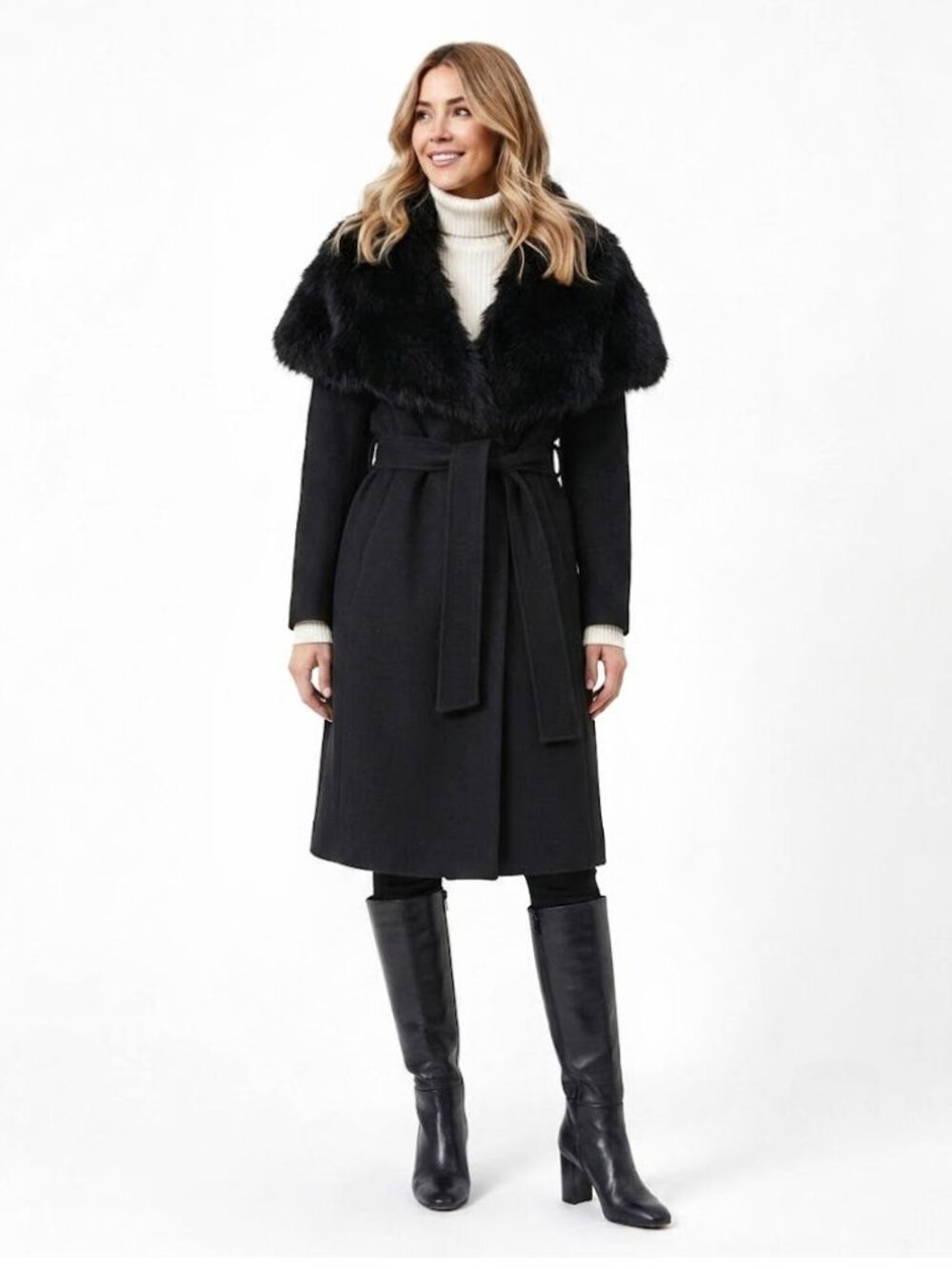 Fleurette Black Oversize Dyed Fox Fur-collar Wool Wrap Coat Womens One Size